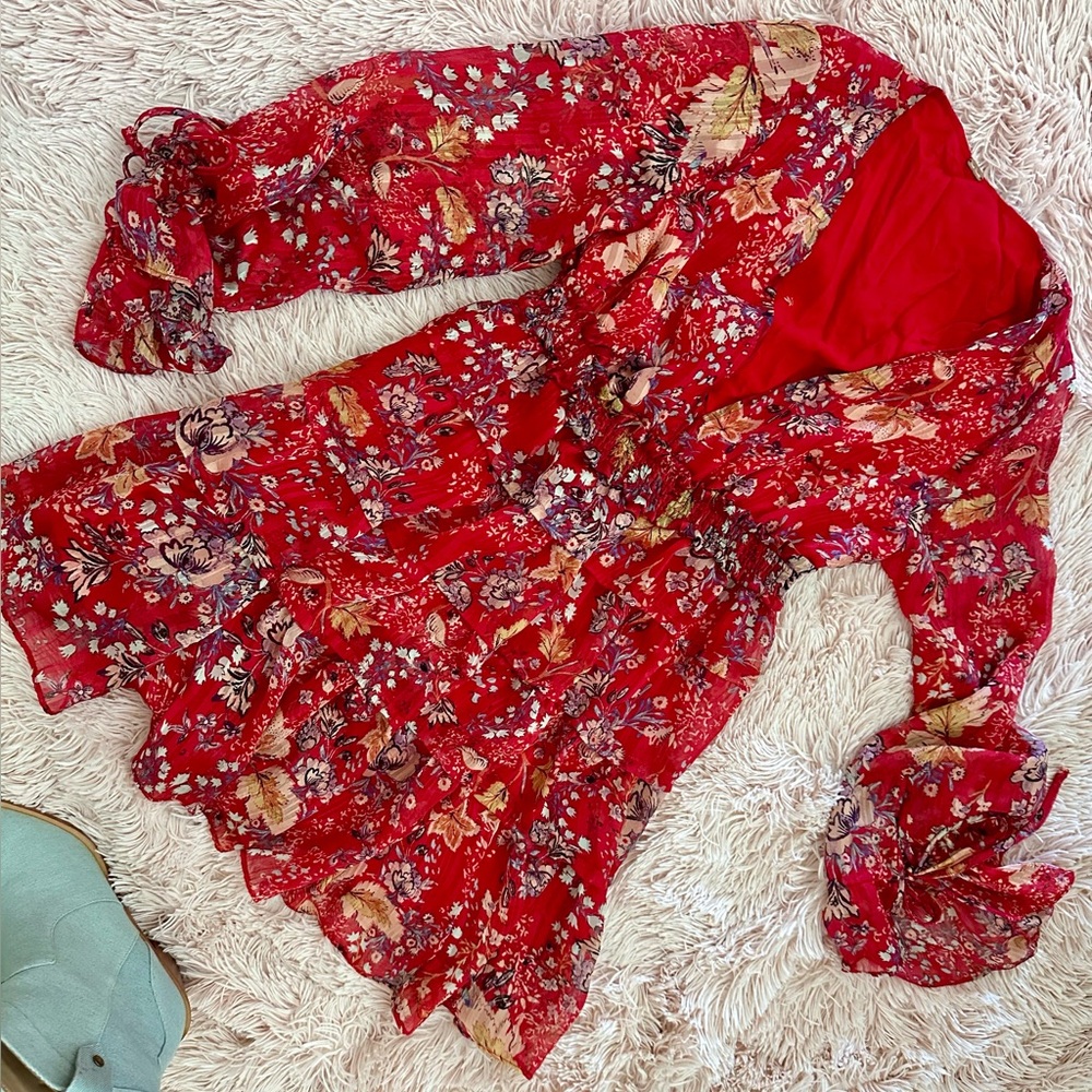 Free People Red Floral Long Sleeve Ruffle Mini Dress